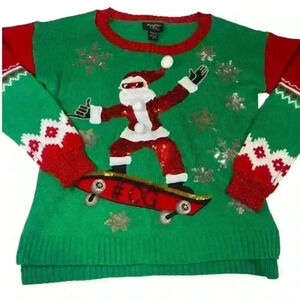 Hooked Up ugly Christmas Sweater red glitter Santa Claus on skateboard Women M